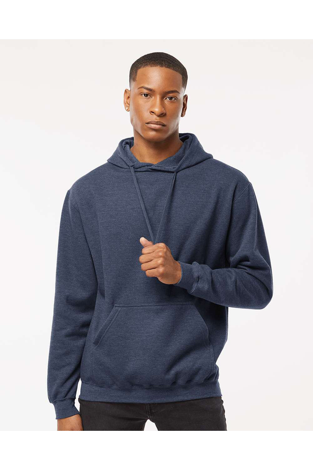 Tultex 320 Mens Fleece Hooded Sweatshirt Hoodie Heather Denim Blue Model Front