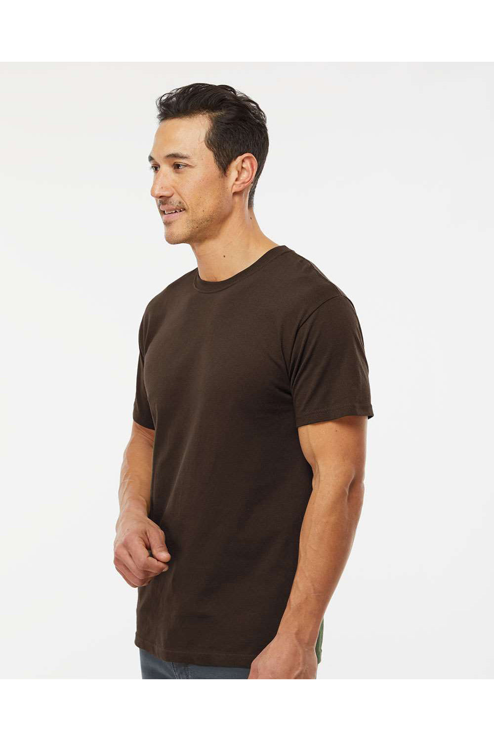 M&O 4800 Mens Gold Soft Touch Short Sleeve Crewneck T-Shirt Chocolate Brown Model Side