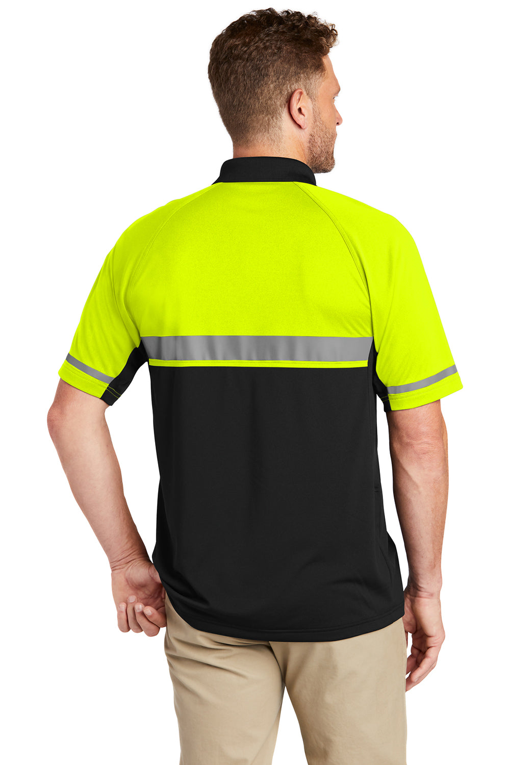 CornerStone CS423 Mens Enhanced Visibility Moisture Wicking Short Sleeve Polo Shirt Safety Yellow/Black Model Back