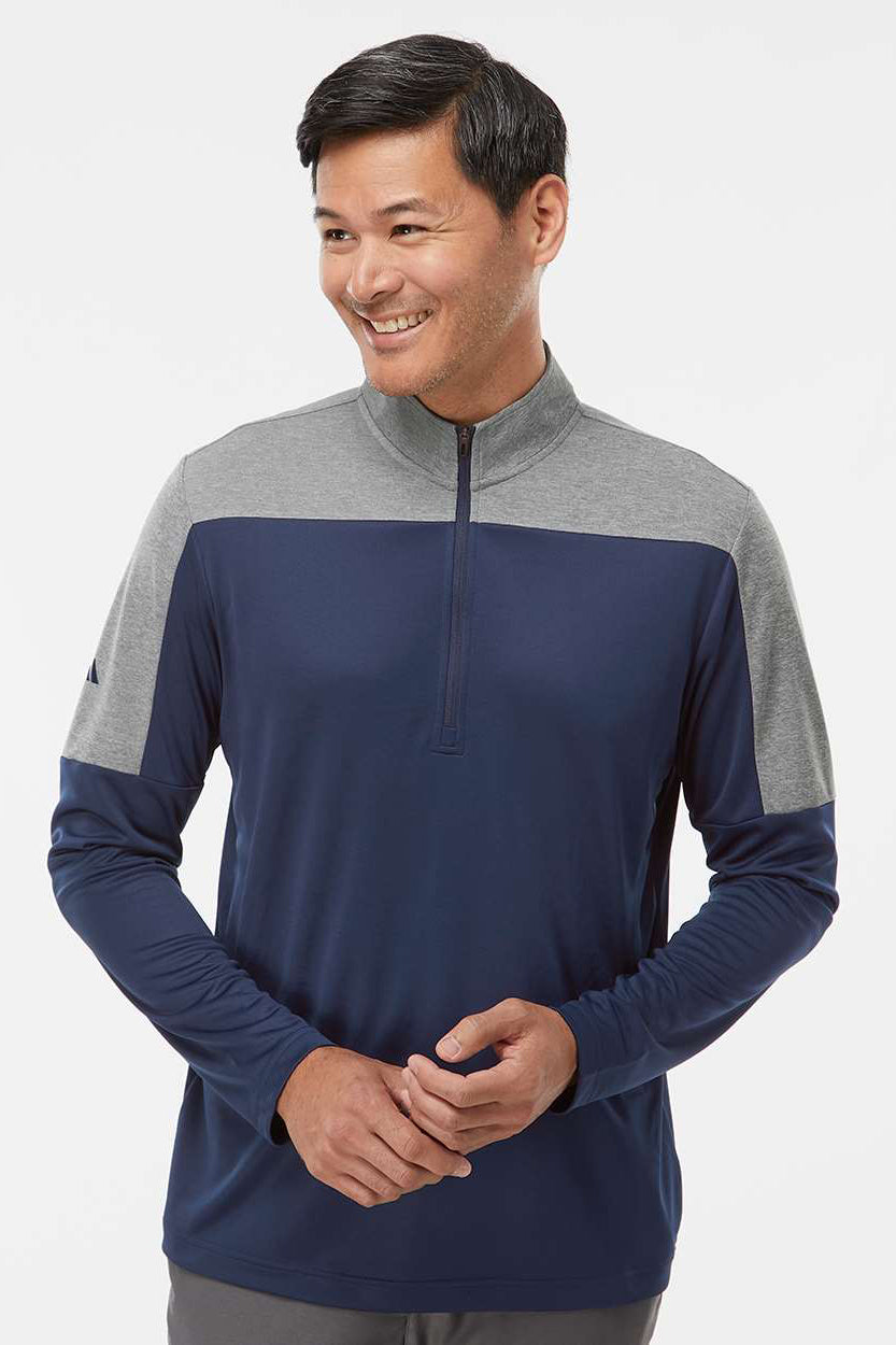 Adidas A552 Mens Moisture Wicking 1/4 Zip Sweatshirt Collegiate Navy Blue/Grey Melange Model Front