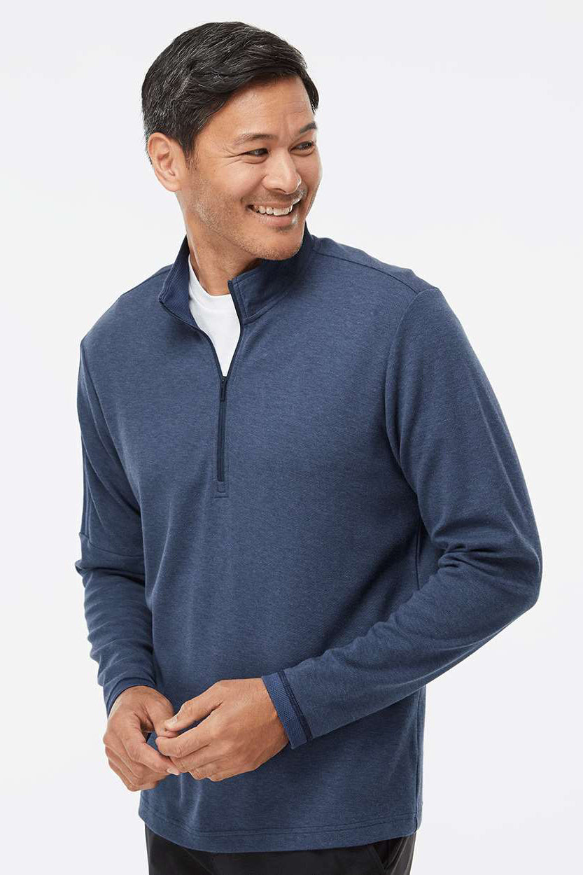 Adidas A554 Mens 3 Stripes Moisture Wicking 1/4 Zip Sweater Collegiate Navy Blue Melange Model Side