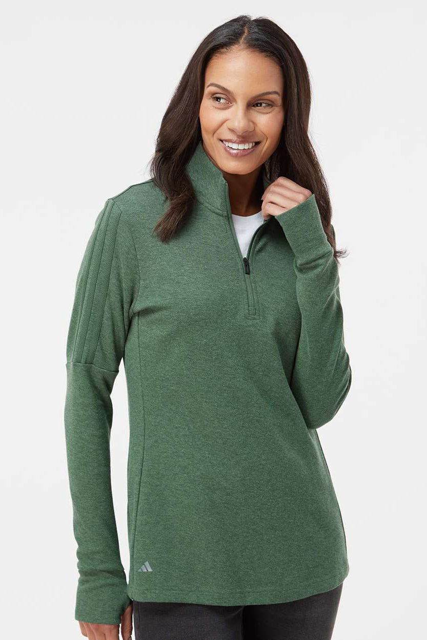 Adidas A555 Womens 3 Stripes Moisture Wicking 1/4 Zip Sweater Green Oxide Melange Model Front