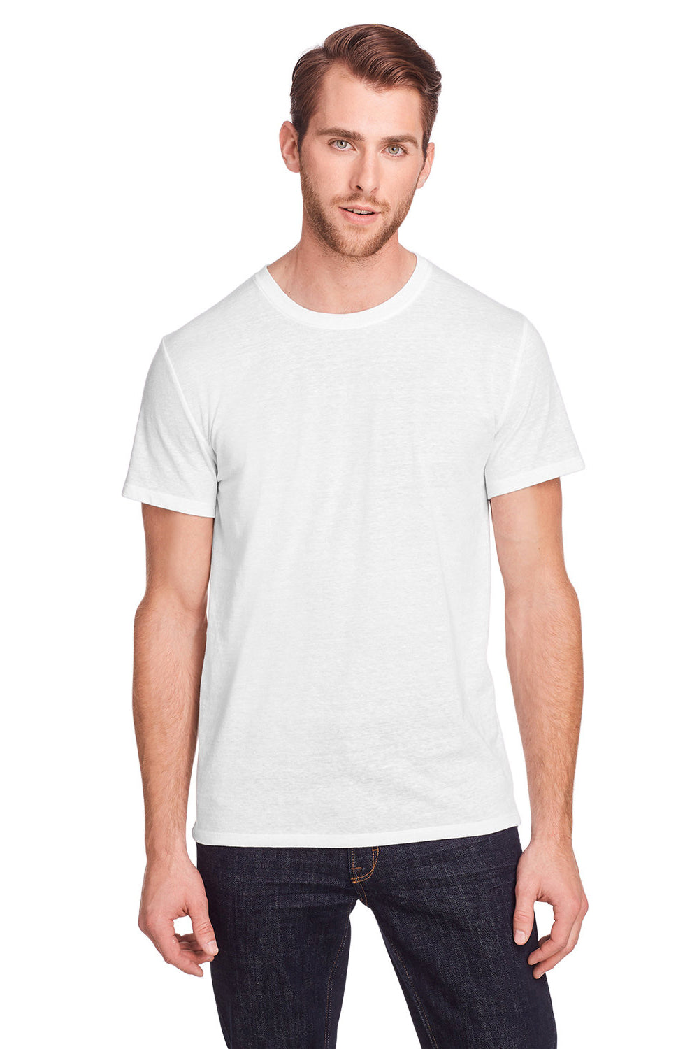 Threadfast Apparel 102A Mens Short Sleeve Crewneck T-Shirt Solid White Model Front