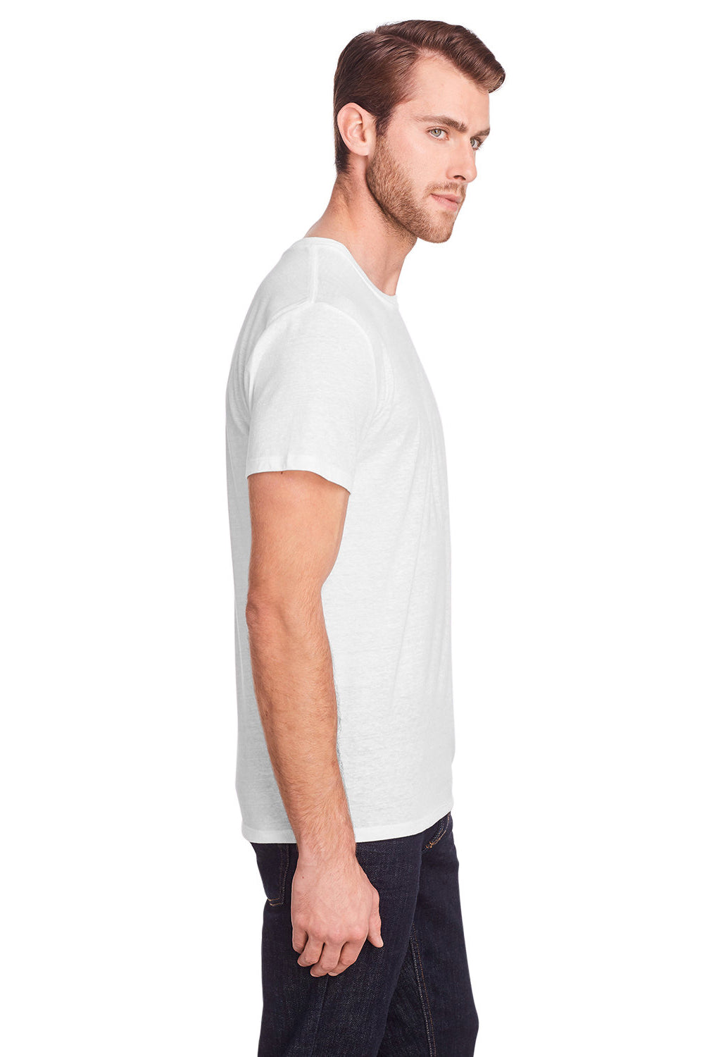 Threadfast Apparel 102A Mens Short Sleeve Crewneck T-Shirt Solid White Model Side