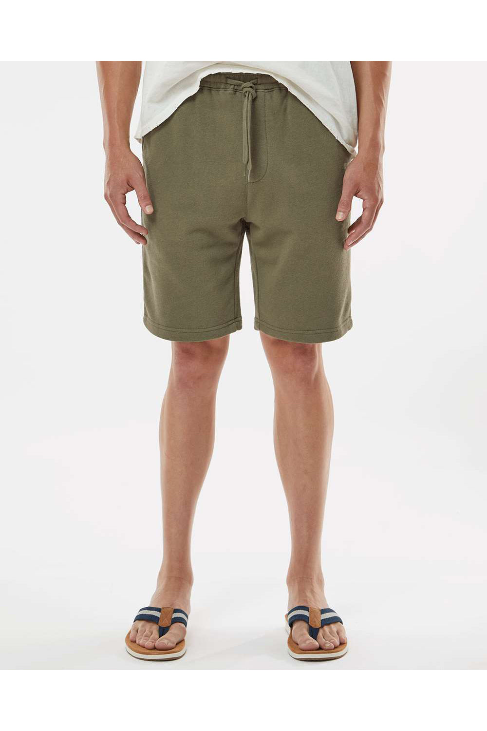 Independent Trading Co. IND20SRT Mens Fleece Shorts w/ Pockets Army Green Model Front