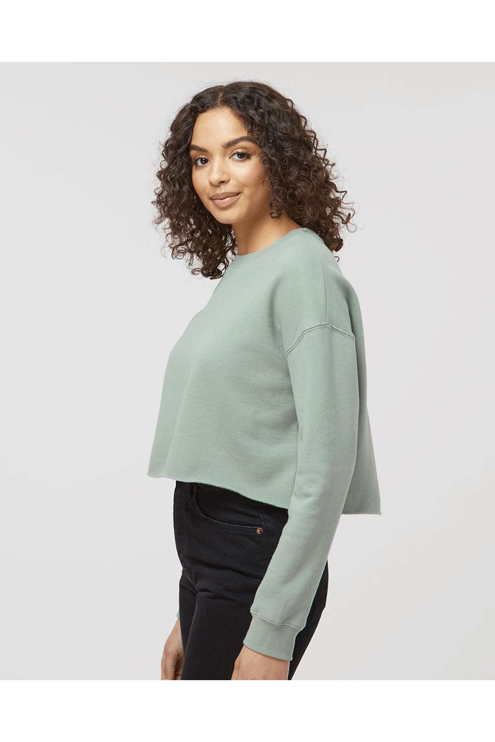 Independent Trading Co. AFX24CRP Womens Crop Crewneck Sweatshirt Sage Green Model Side