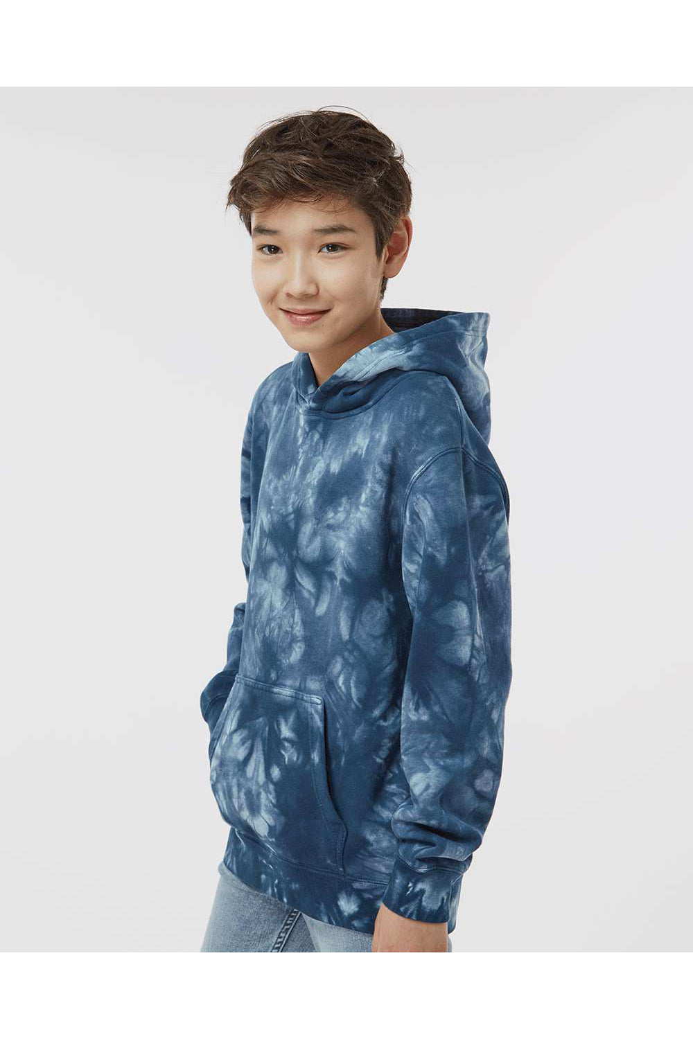 Independent Trading Co. PRM1500TD Youth Tie-Dye Hooded Sweatshirt Hoodie Navy Blue Model Side