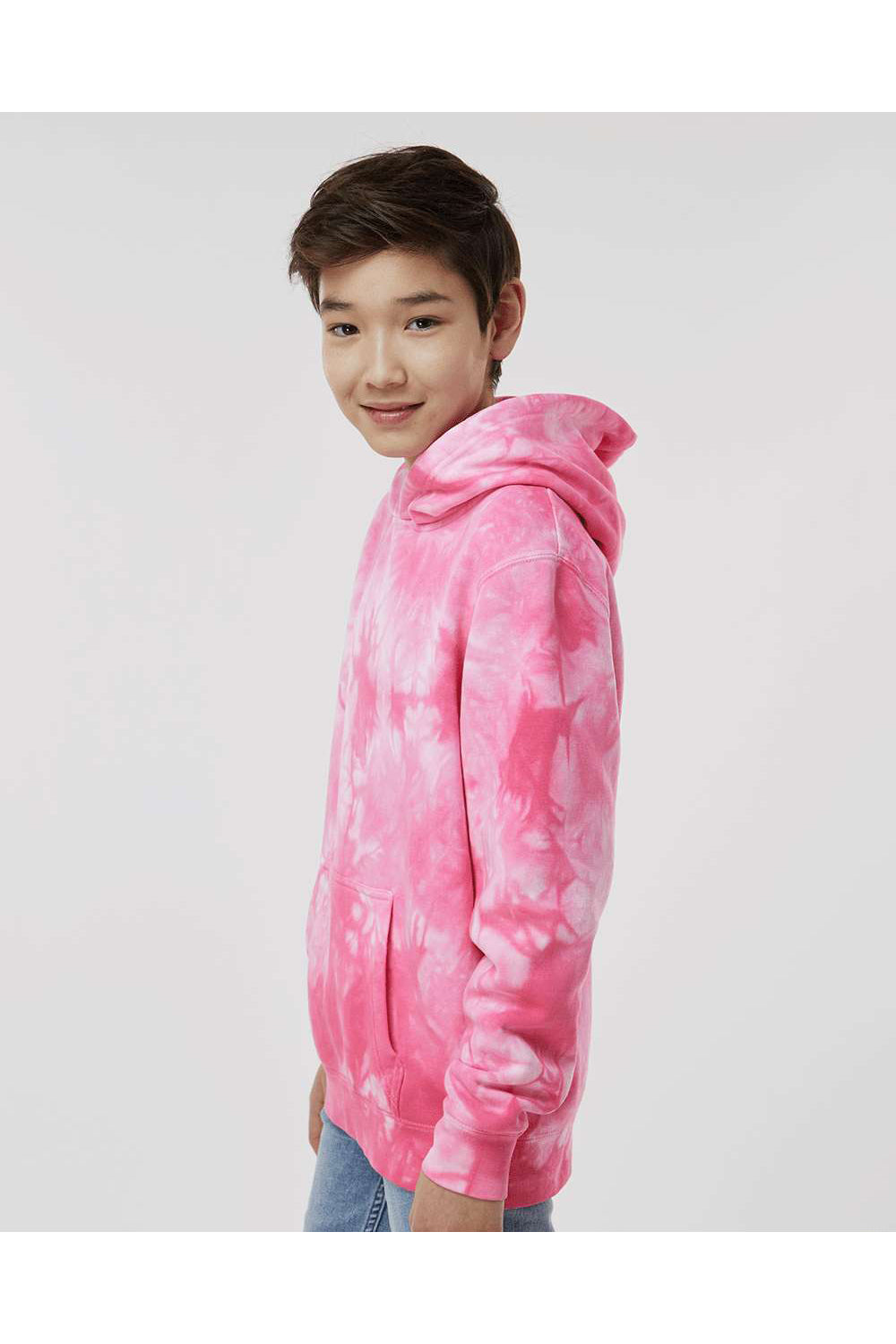 Independent Trading Co. PRM1500TD Youth Tie-Dye Hooded Sweatshirt Hoodie Pink Model Side
