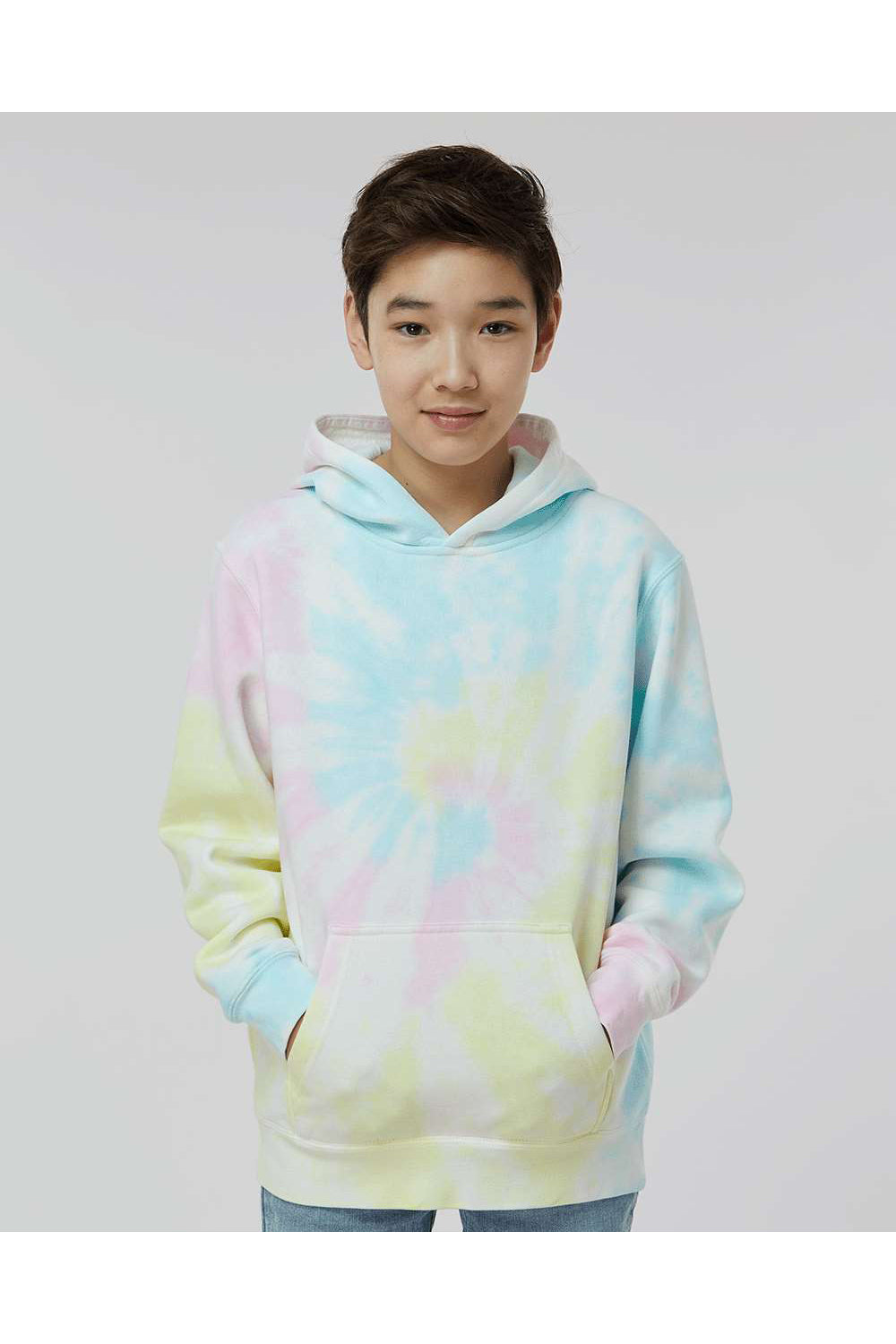 Independent Trading Co. PRM1500TD Youth Tie-Dye Hooded Sweatshirt Hoodie Sunset Swirl Model Front