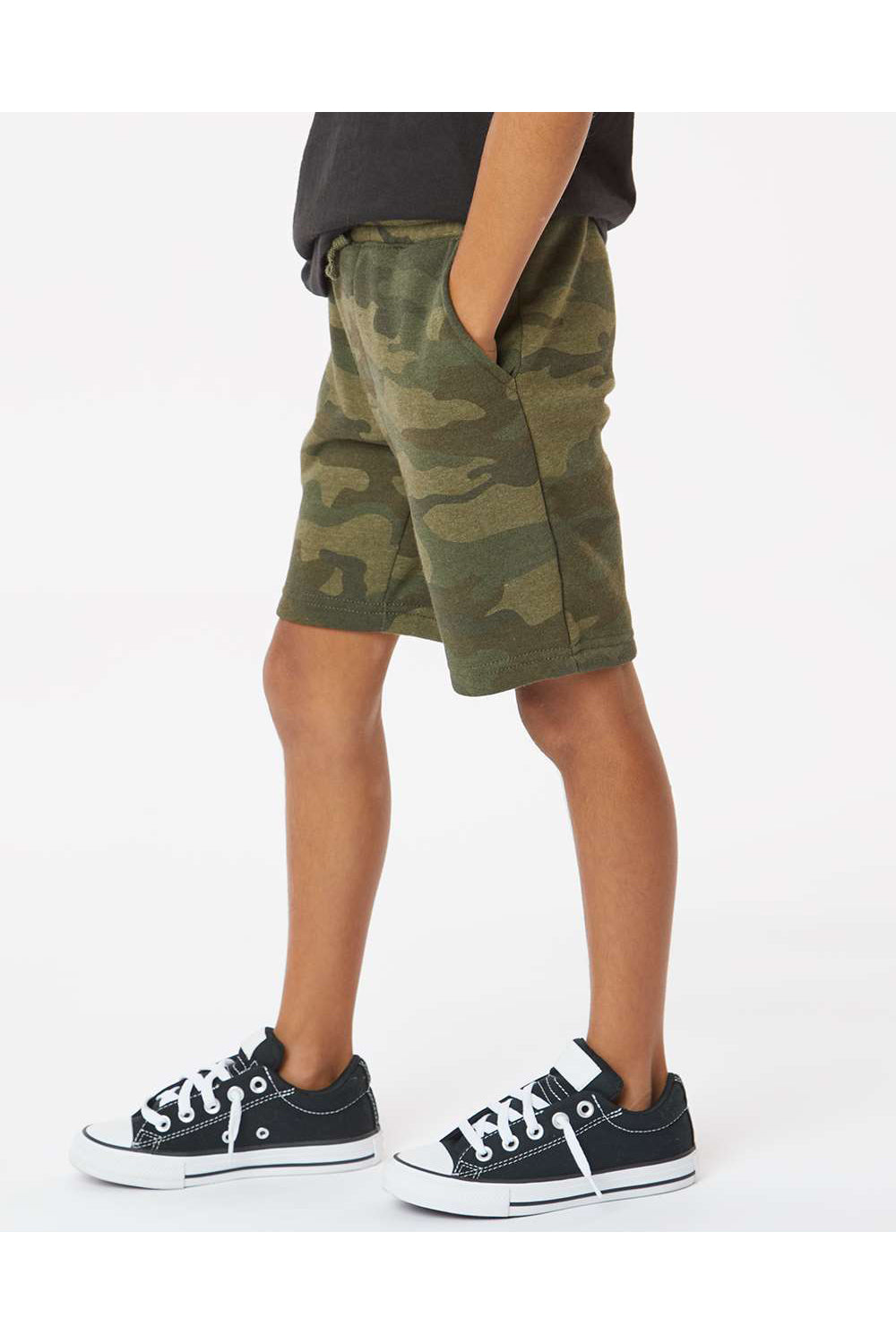 Independent Trading Co. PRM16SRT Youth Special Blend Fleece Shorts w/ Pockets Heather Forest Green Camo Model Side