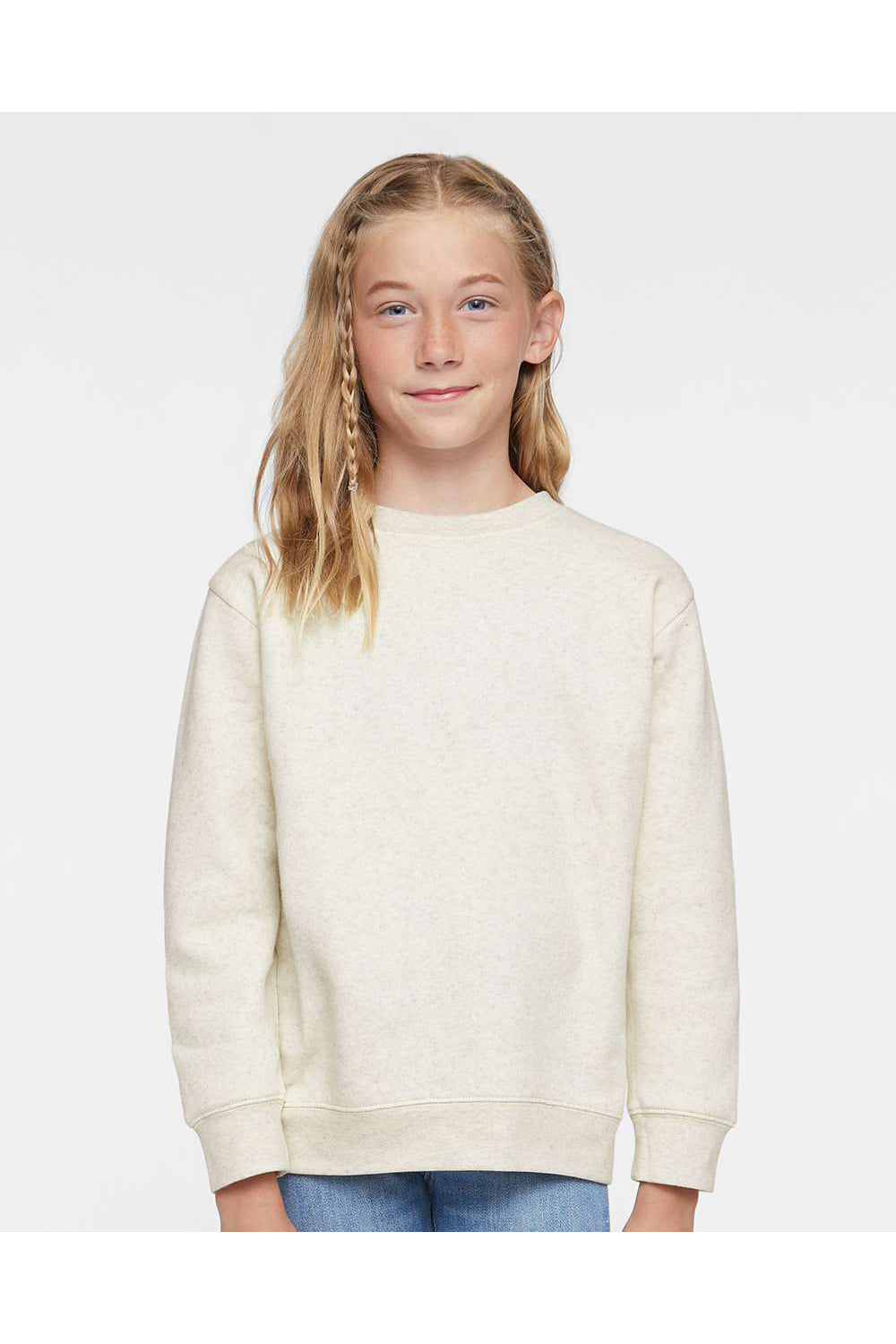 LAT 2225 Youth Elevated Fleece Crewneck Sweatshirt Heather Natural Model Front