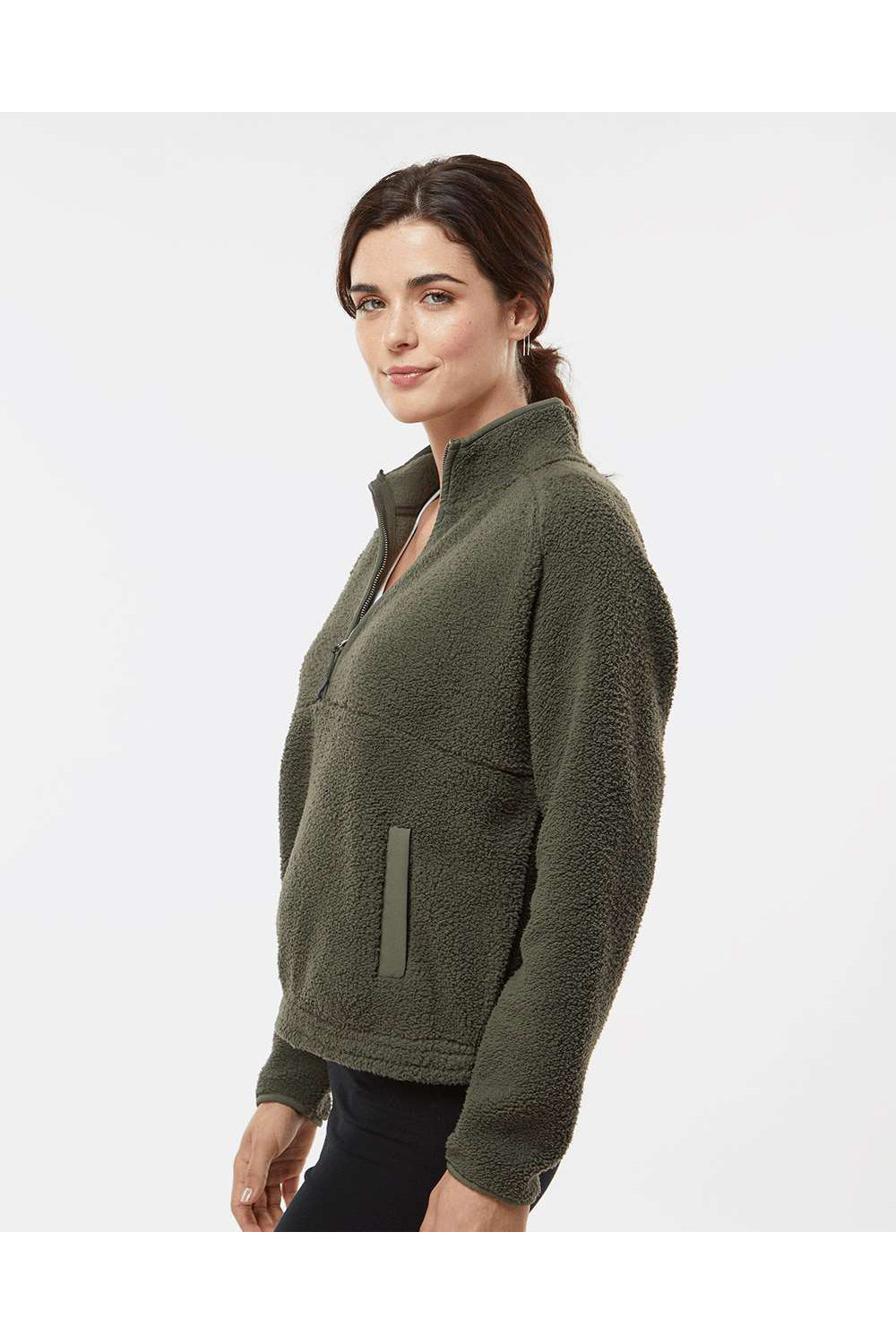 Boxercraft BW8501 Womens Everest 1/4 Zip Sweatshirt Olive Green Model Side