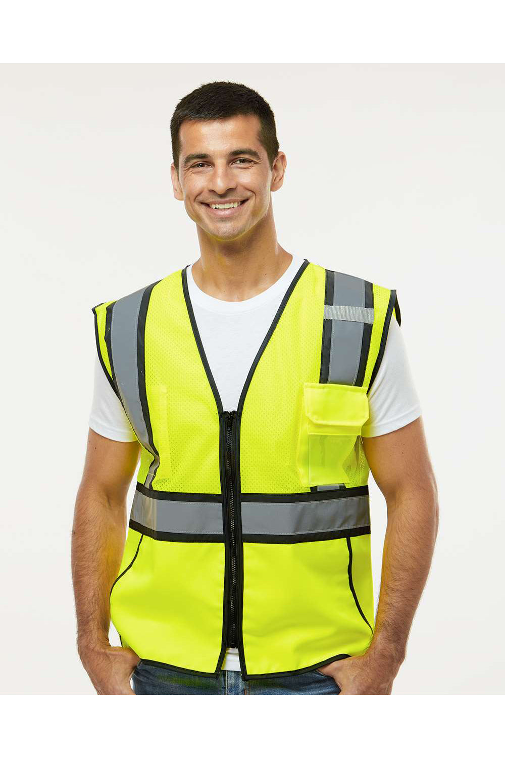 Kishigo 1595-1598 Mens Standard Contrast Vest Lime Green/Black Model Front