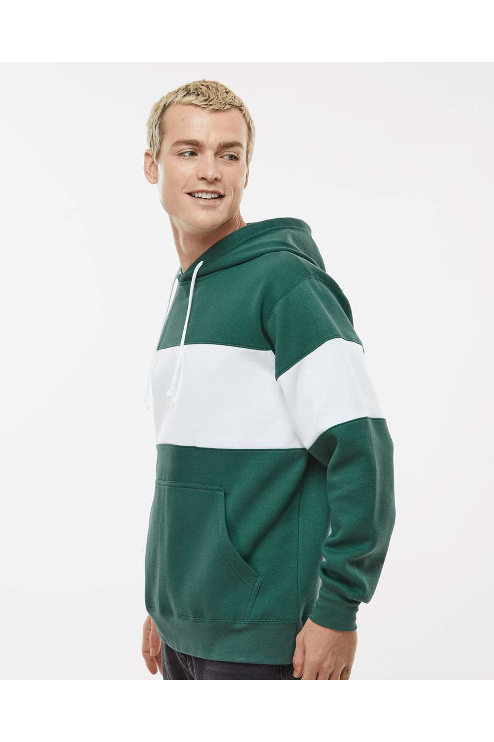 MV Sport 22709 Mens Classic Fleece Colorblocked Hooded Sweatshirt Hoodie Mallard Green Model Side