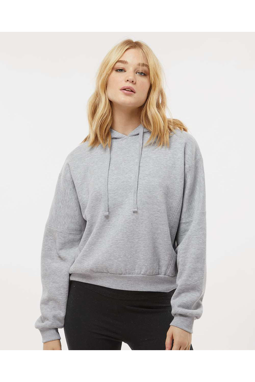 MV Sport W21751 Womens Sueded Fleece Crop Hooded Sweatshirt Hoodie Heather Grey Model Front