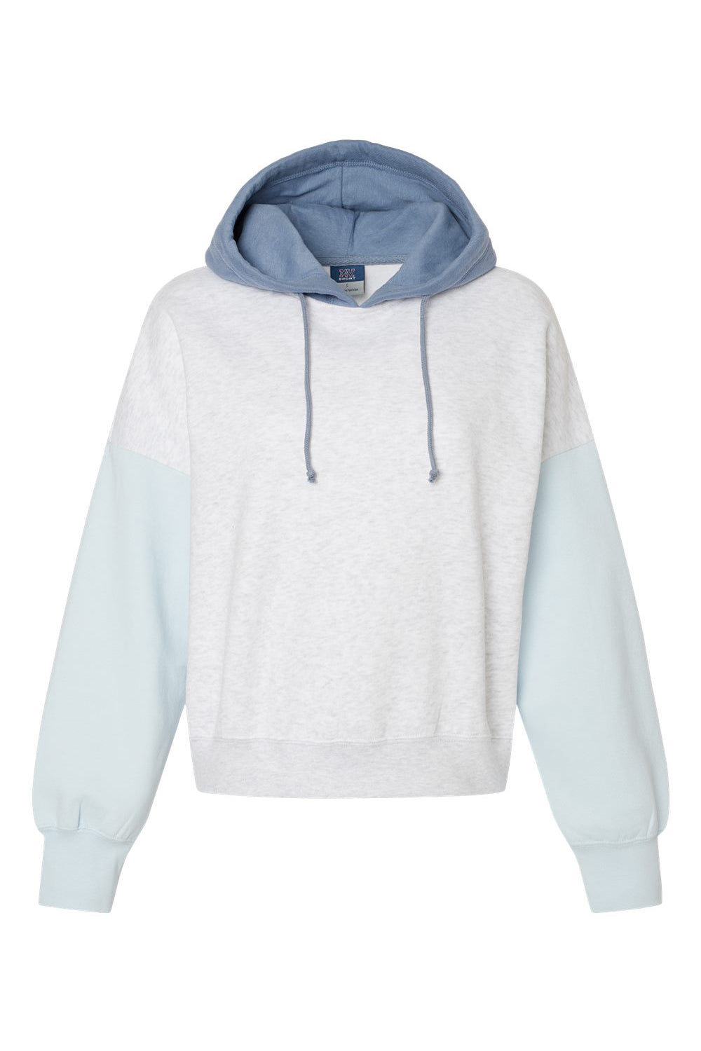 MV Sport W23716 Womens Sueded Fleece Colorblock Crop Hooded Sweatshirt Hoodie Arctic Blue Flat Front