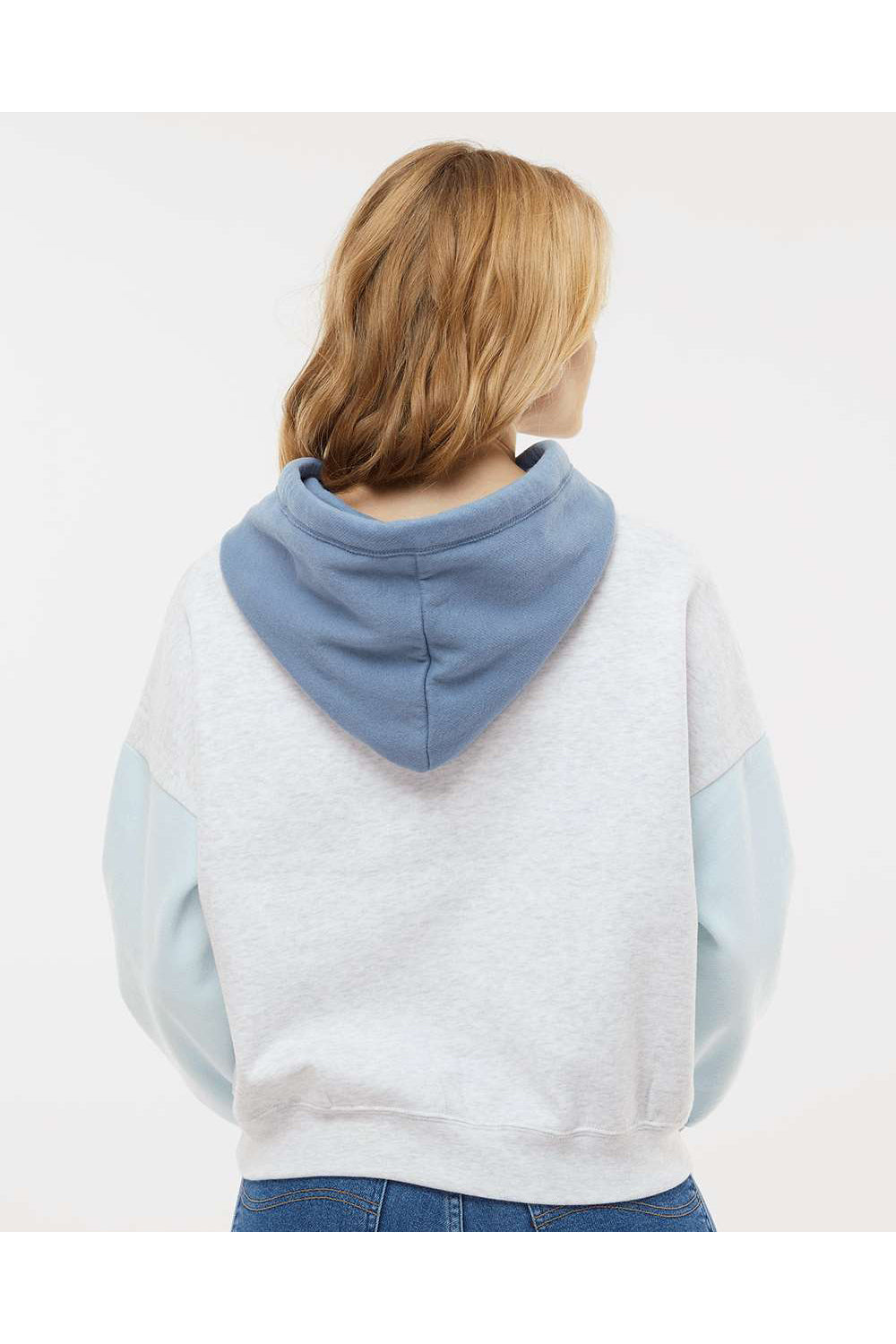 MV Sport W23716 Womens Sueded Fleece Colorblock Crop Hooded Sweatshirt Hoodie Arctic Blue Model Back