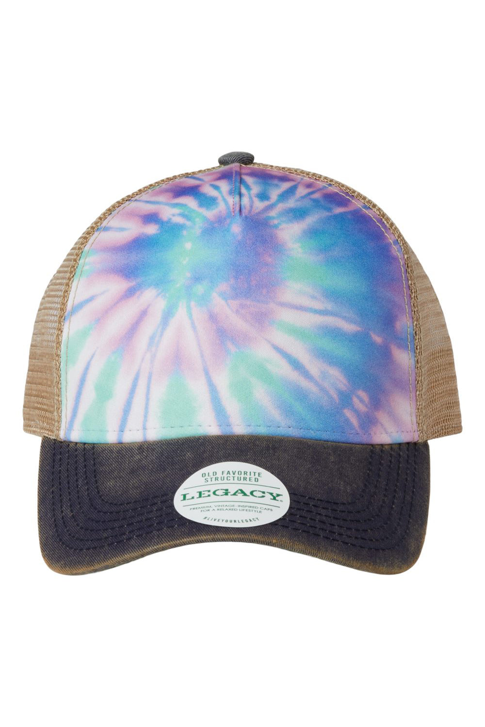 Legacy OFAFP Mens Old Favorite 5 Panel Trucker Hat Pastel Tie Dye/Navy Blue/Khaki Flat Front