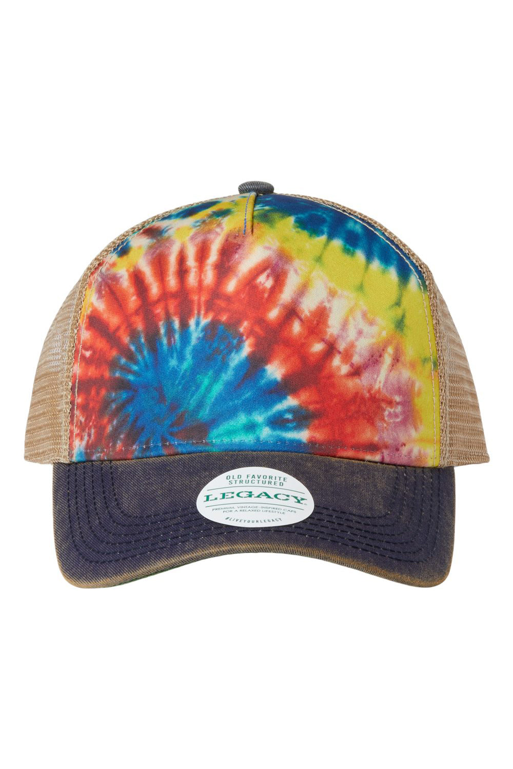 Legacy OFAFP Mens Old Favorite 5 Panel Trucker Hat Rainbow Tie Dye/Navy Blue/Khaki Flat Front