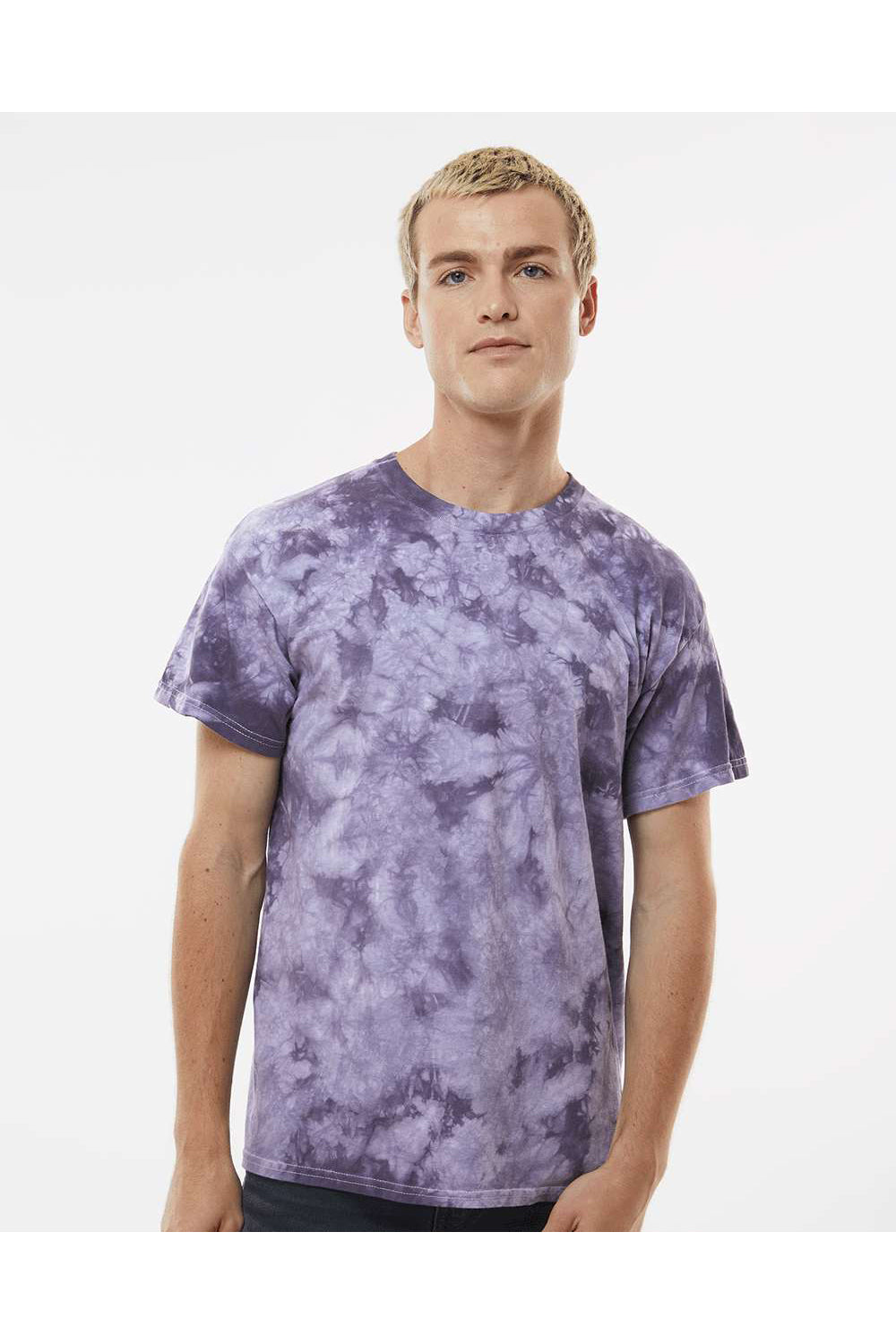 Dyenomite 200CR Mens Crystal Tie Dyed Short Sleeve Crewneck T-Shirt Blackberry Model Front