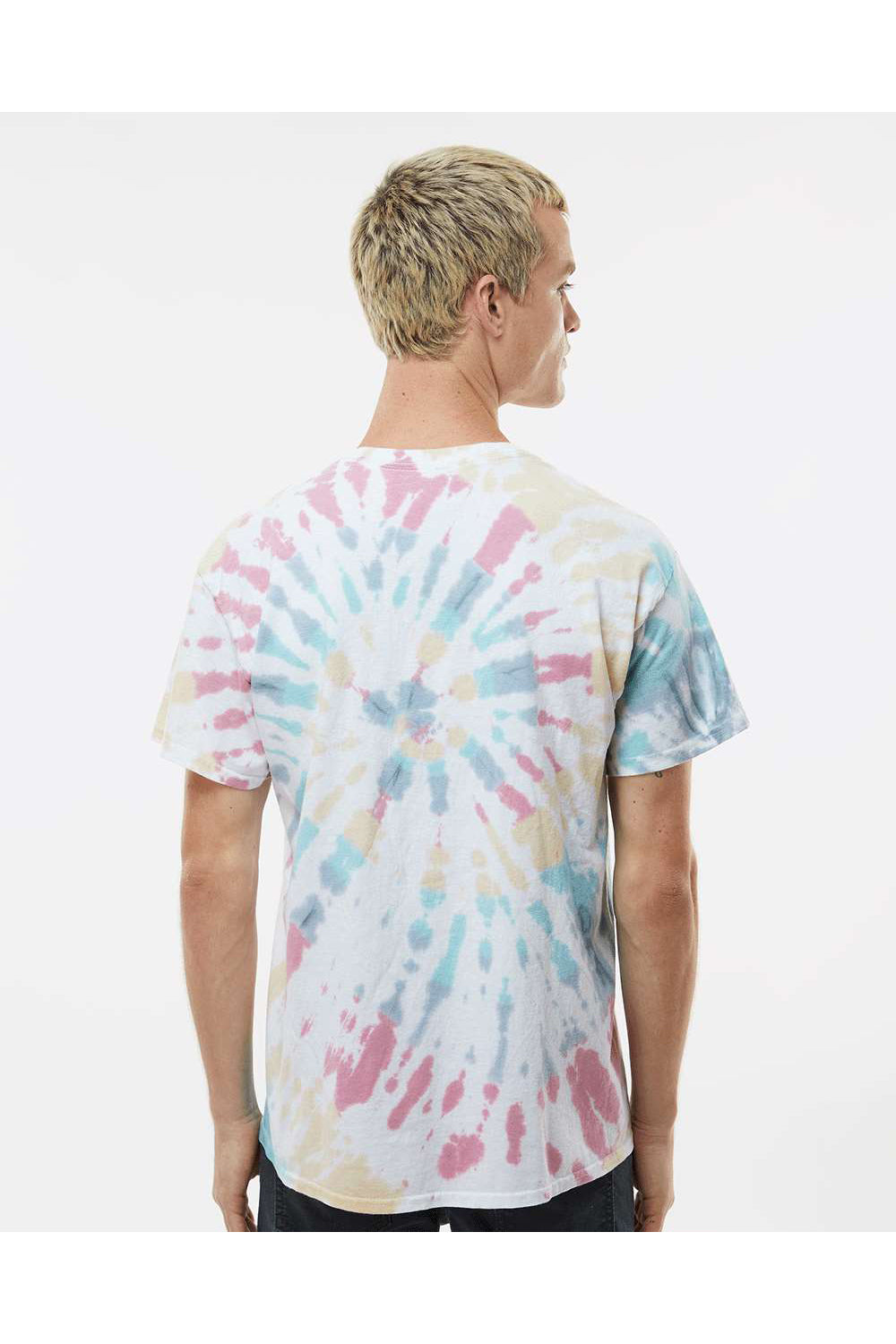 Dyenomite 200MS Mens Spiral Tie Dyed Short Sleeve Crewneck T-Shirt Wanderlust Model Back