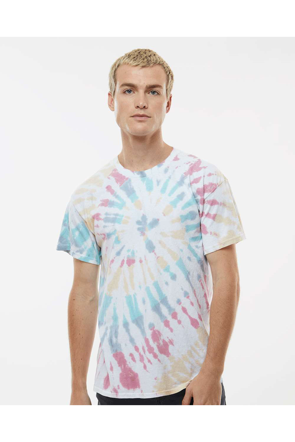 Dyenomite 200MS Mens Spiral Tie Dyed Short Sleeve Crewneck T-Shirt Wanderlust Model Front