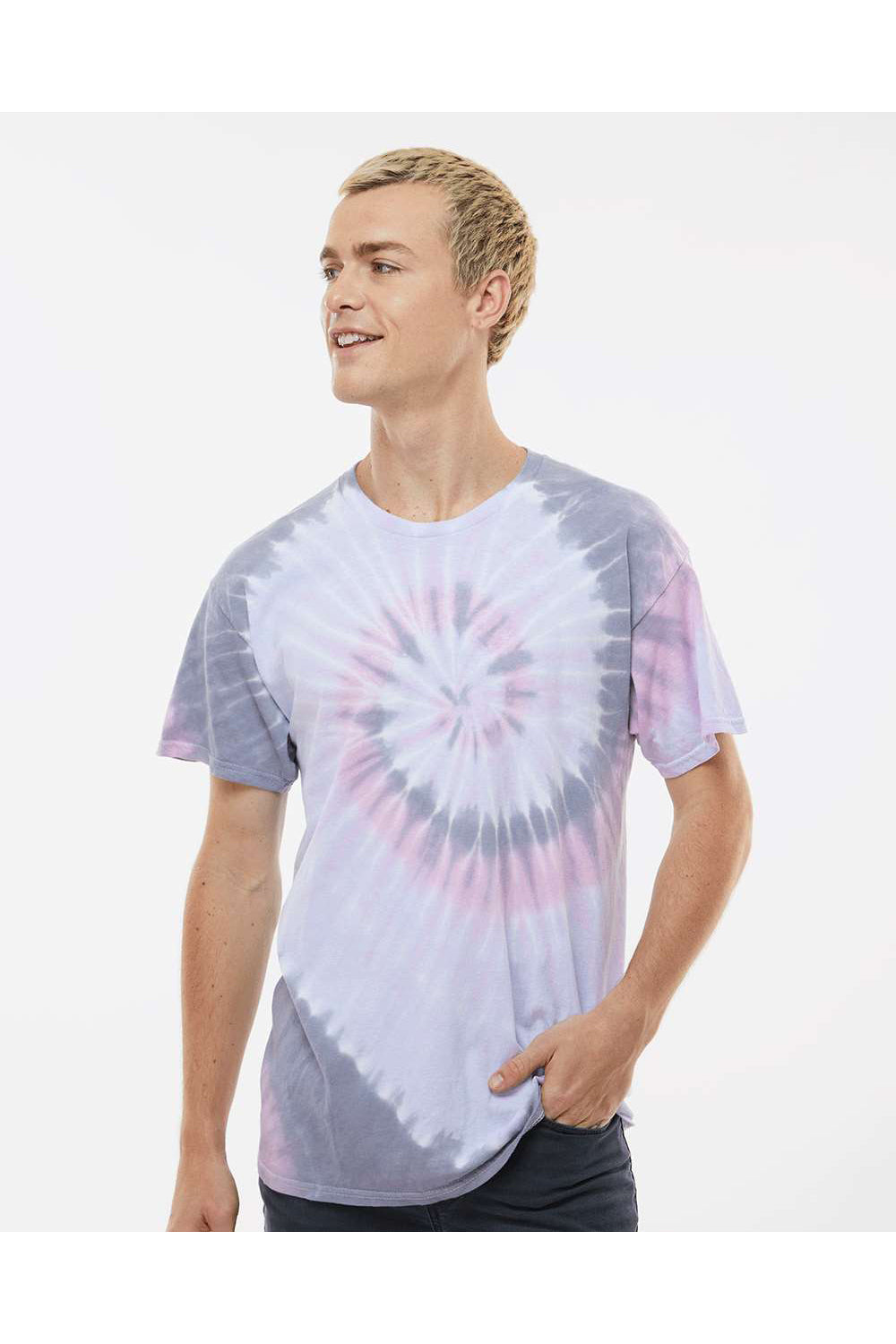 Dyenomite 200MS Mens Spiral Tie Dyed Short Sleeve Crewneck T-Shirt Malibu Model Front