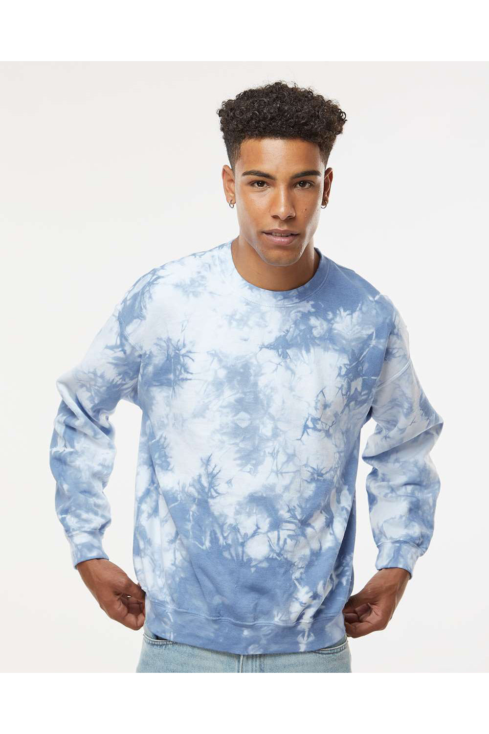 Dyenomite 681VR Mens Tie Dyed Crewneck Sweatshirt Cloudy Sky Crystal Model Front