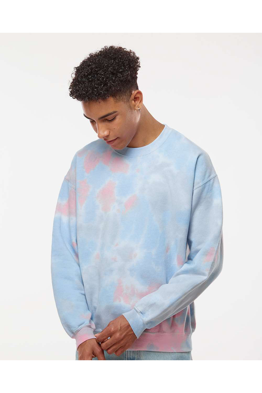 Dyenomite 681VR Mens Tie Dyed Crewneck Sweatshirt Coral Dream Model Front