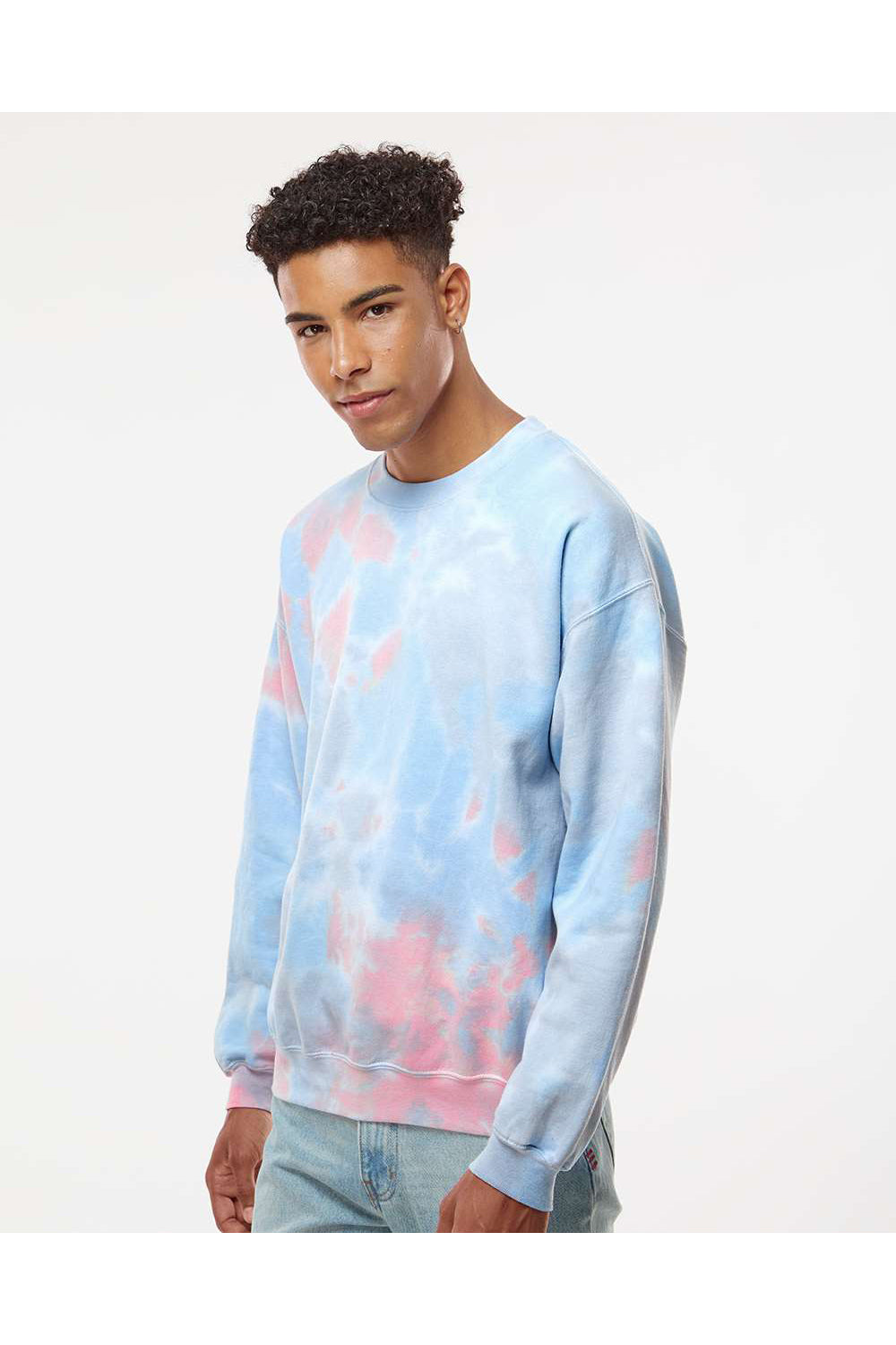 Dyenomite 681VR Mens Tie Dyed Crewneck Sweatshirt Coral Dream Model Side