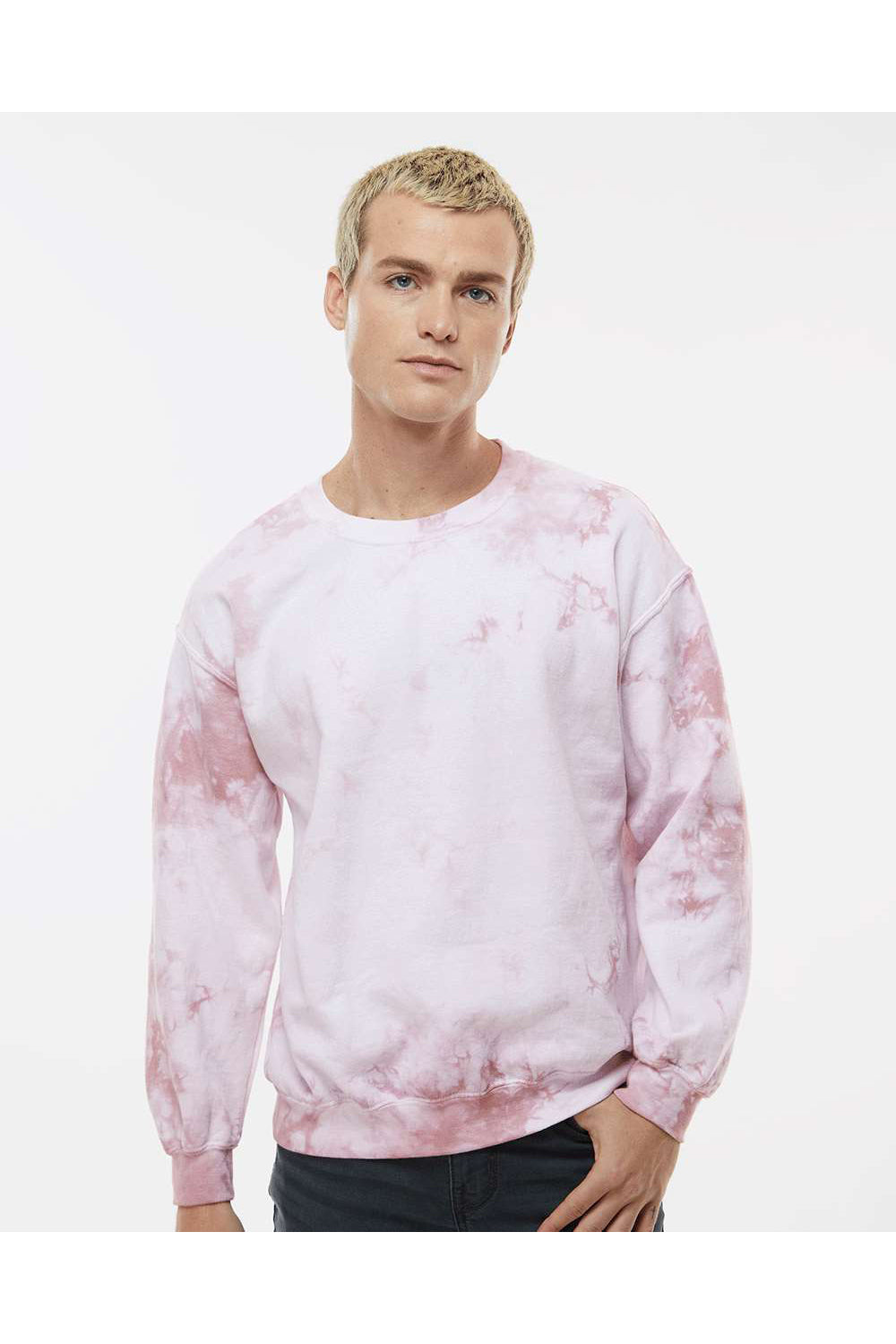 Dyenomite 681VR Mens Tie Dyed Crewneck Sweatshirt Rose Crystal Model Front