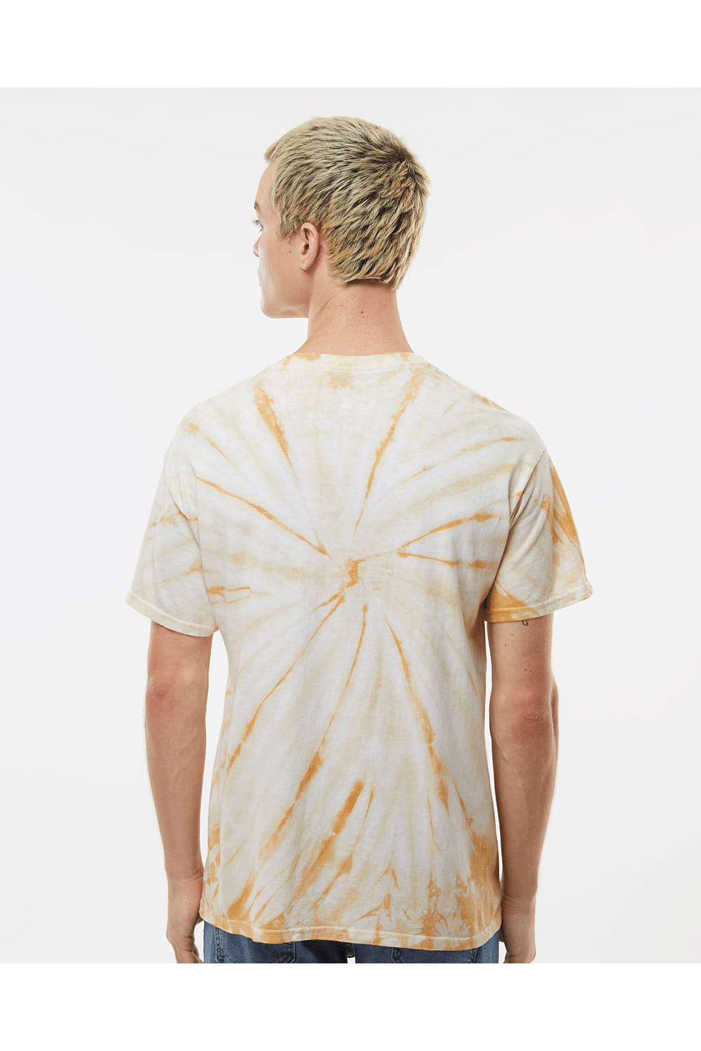 Dyenomite 200CY Mens Cyclone Pinwheel Tie Dyed Short Sleeve Crewneck T-Shirt Honey Model Back