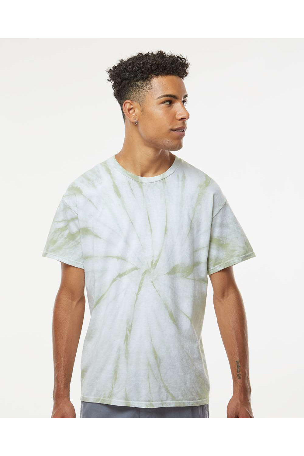 Dyenomite 200CY Mens Cyclone Pinwheel Tie Dyed Short Sleeve Crewneck T-Shirt Olive Oil Model Front