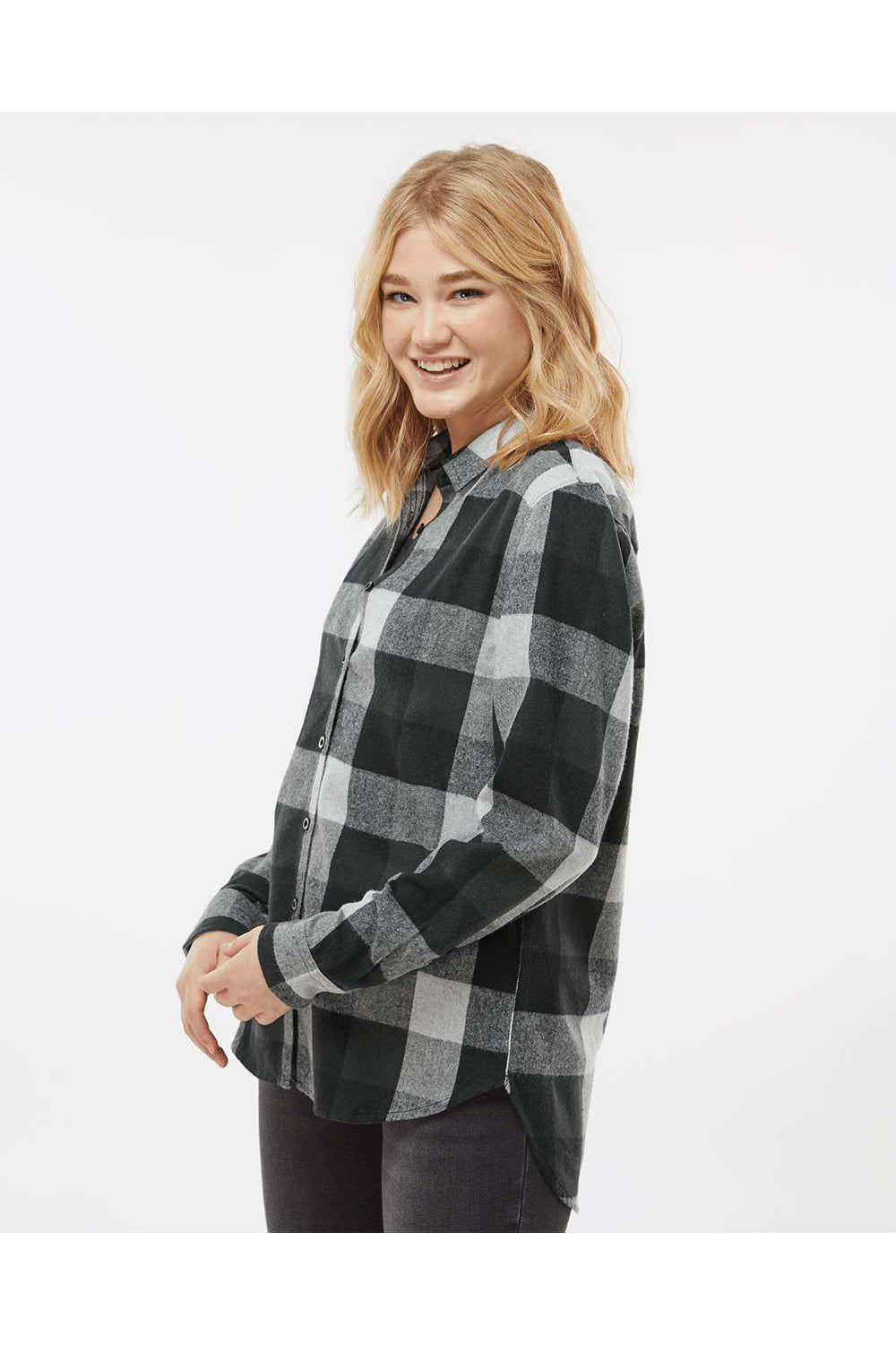 Burnside 5215 Womens Boyfriend Flannel Long Sleeve Button Down Shirt Black/Grey Model Side