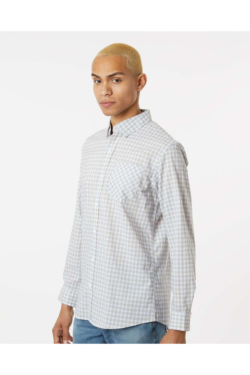 Burnside 3291 Mens Burn Long Sleeve Button Down Shirt Grey/White Gingham Model Side