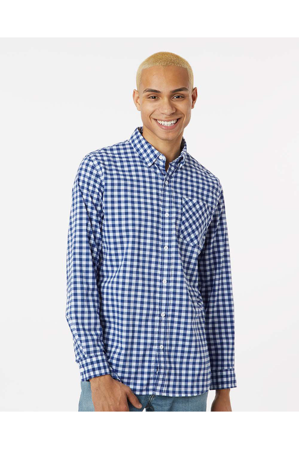 Burnside 3291 Mens Burn Long Sleeve Button Down Shirt Navy Blue/White Gingham Model Front