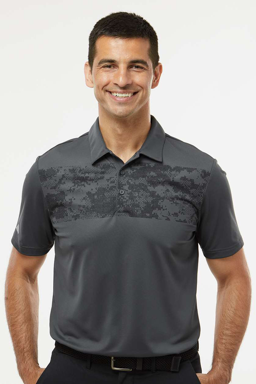 Adidas A585 Mens Camo Chest Print Short Sleeve Polo Shirt Dark Grey Model Front