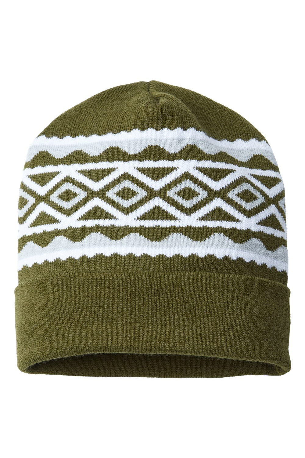 Cap America RKD12 Mens USA Made Diamond Cuffed Beanie Olive Green/Silver Grey Flat Front