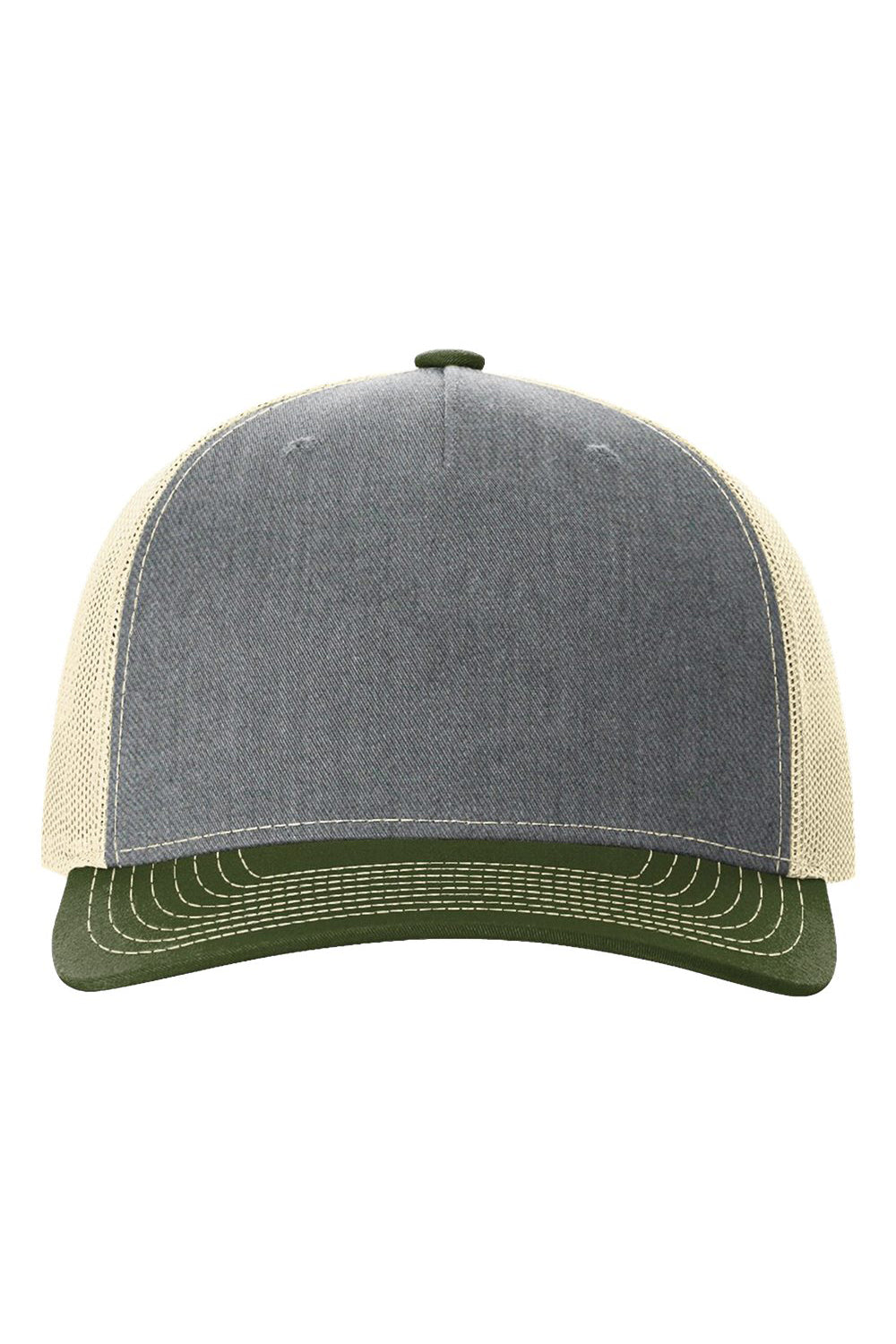 Richardson 112FP Mens 5 Trucker Hat Heather Grey/Birch/Army Olive Green Flat Front