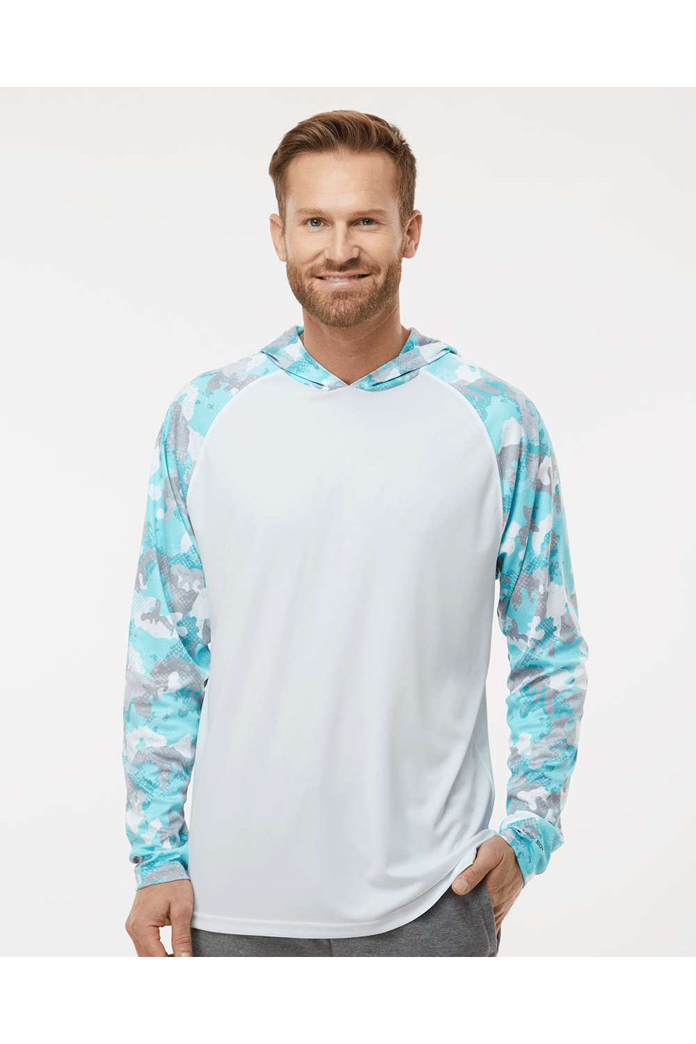 Paragon 240 Mens Tortuga Extreme Performance Long Sleeve Hooded T-Shirt Hoodie White/Aqua Blue Camo Model Front