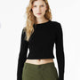 Bella + Canvas Womens Micro Rib Long Sleeve Crewneck T-Shirt - Solid Black Blend - NEW