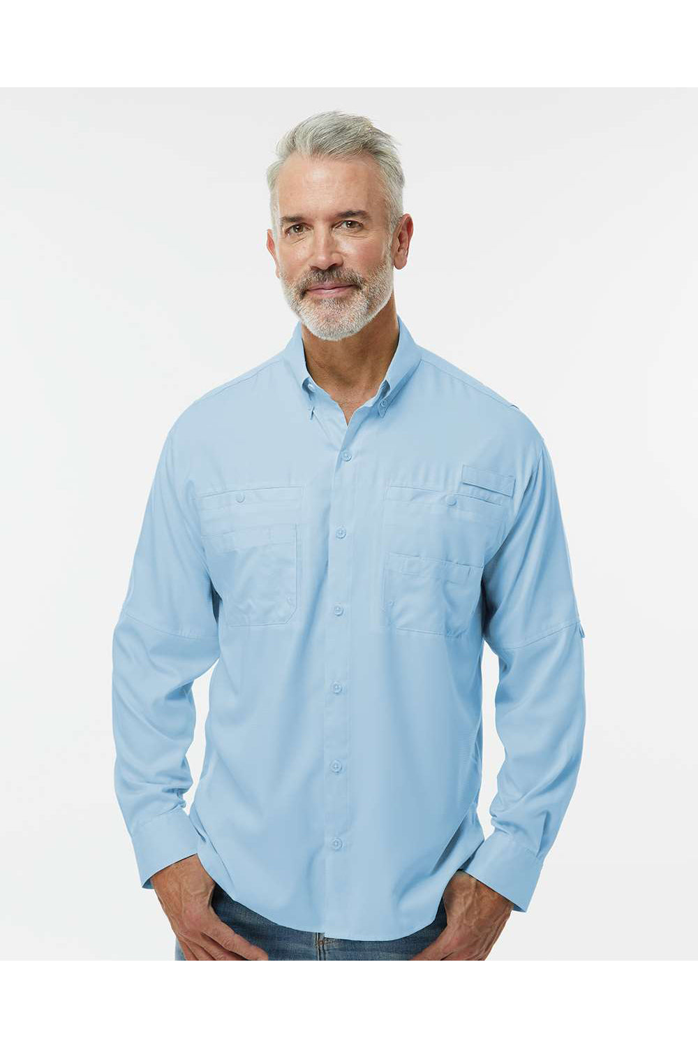 Paragon 702 Mens Kitty Hawk Performance Long Sleeve Button Down Shirt Blue Mist Model Front