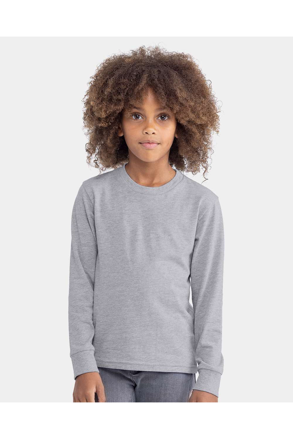 Next Level 3311 Youth Long Sleeve Crewneck T-Shirt Heather Grey Model Front