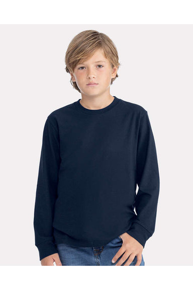 Next Level 3311 Youth Long Sleeve Crewneck T-Shirt Midnight Navy Blue Model Front