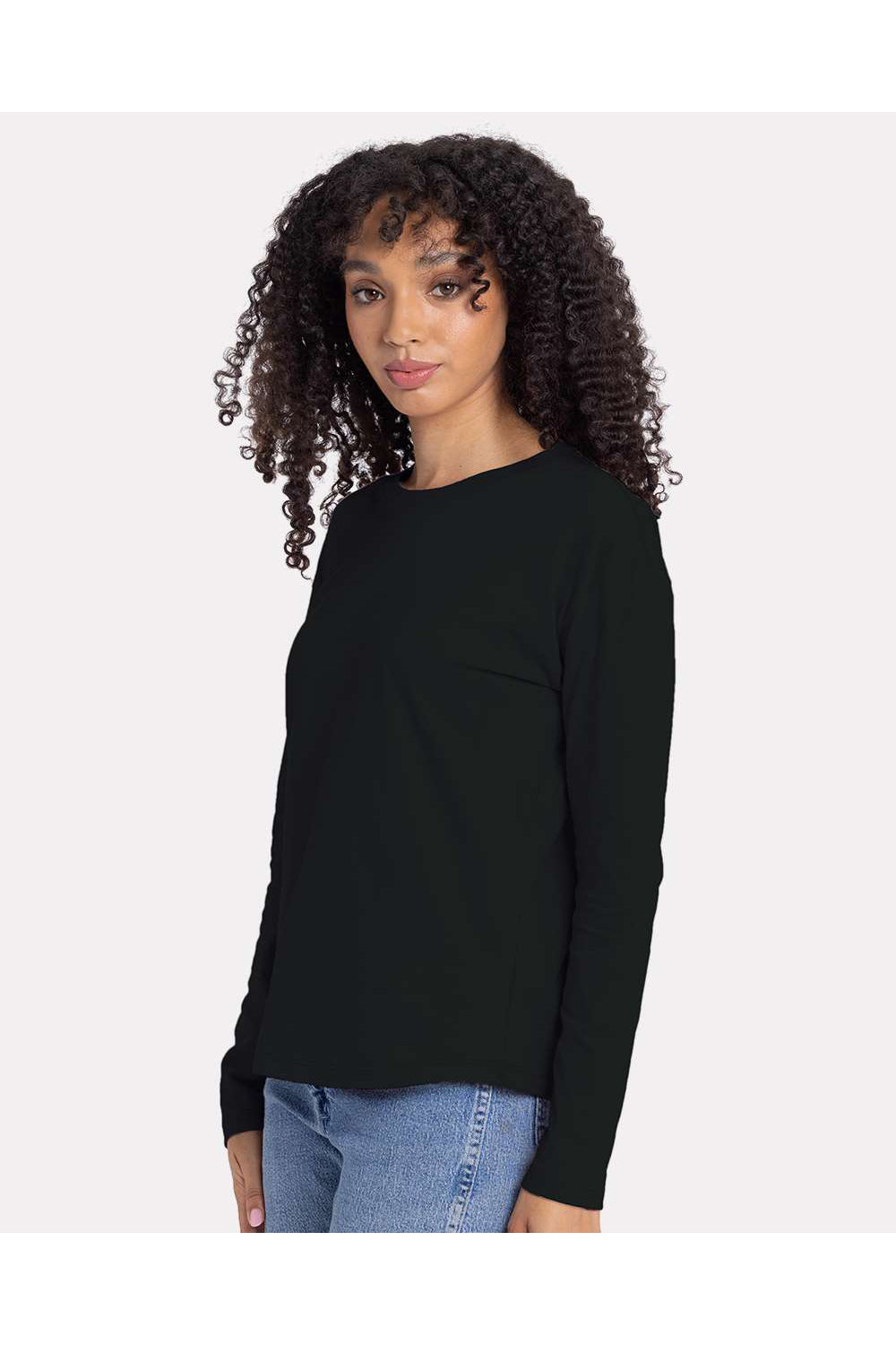 Next Level 3911 Womens Relaxed Long Sleeve Crewneck T-Shirt Black Model Side