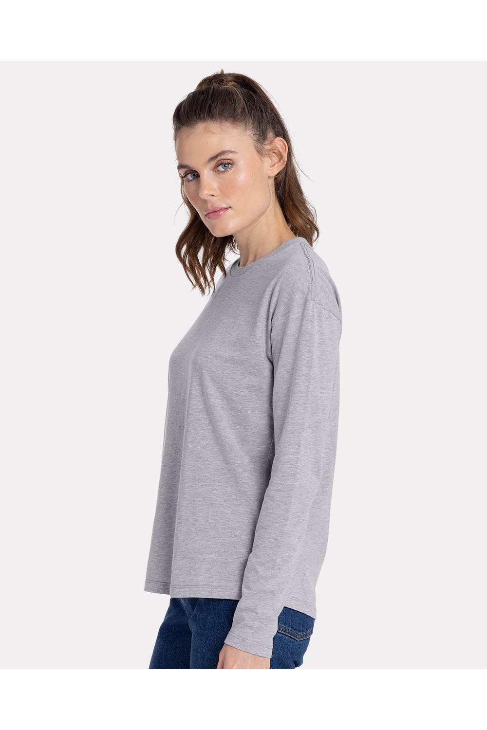 Next Level 3911 Womens Relaxed Long Sleeve Crewneck T-Shirt Heather Grey Model Side