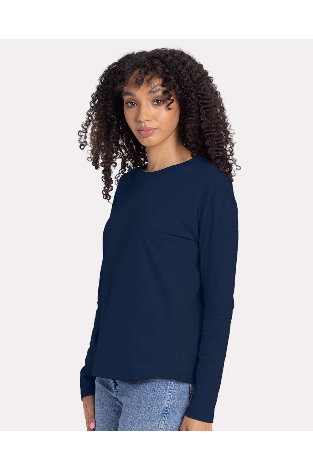 Next Level 3911 Womens Relaxed Long Sleeve Crewneck T-Shirt Midnight Navy Blue Model Side