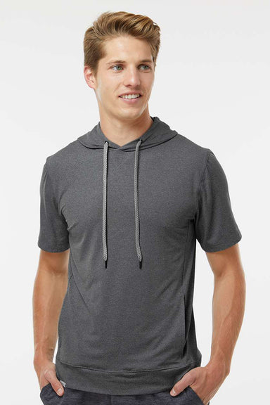 Holloway 222505 Mens Eco Revive Ventura Moisture Wicking Short Sleeve Hooded Sweatshirt Hoodie w/ Pockets Heather Carbon Grey Model Front