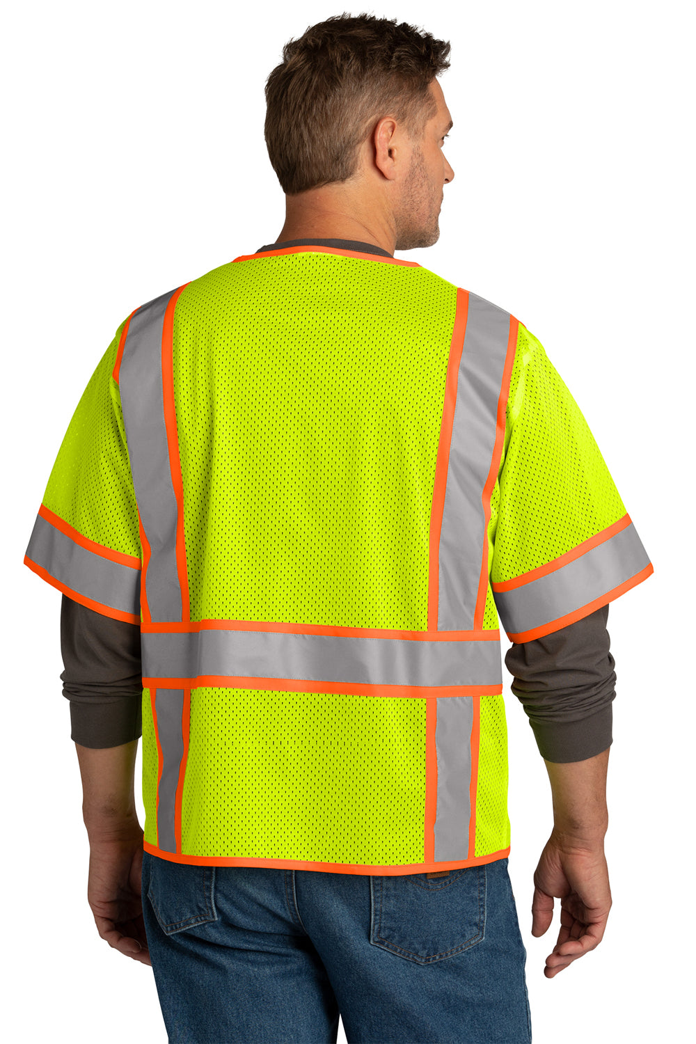 CornerStone CSV106 Mens ANSI 107 Class 3 Surveyor Mesh Zipper Vest w/ Pocket Safety Yellow Model Back