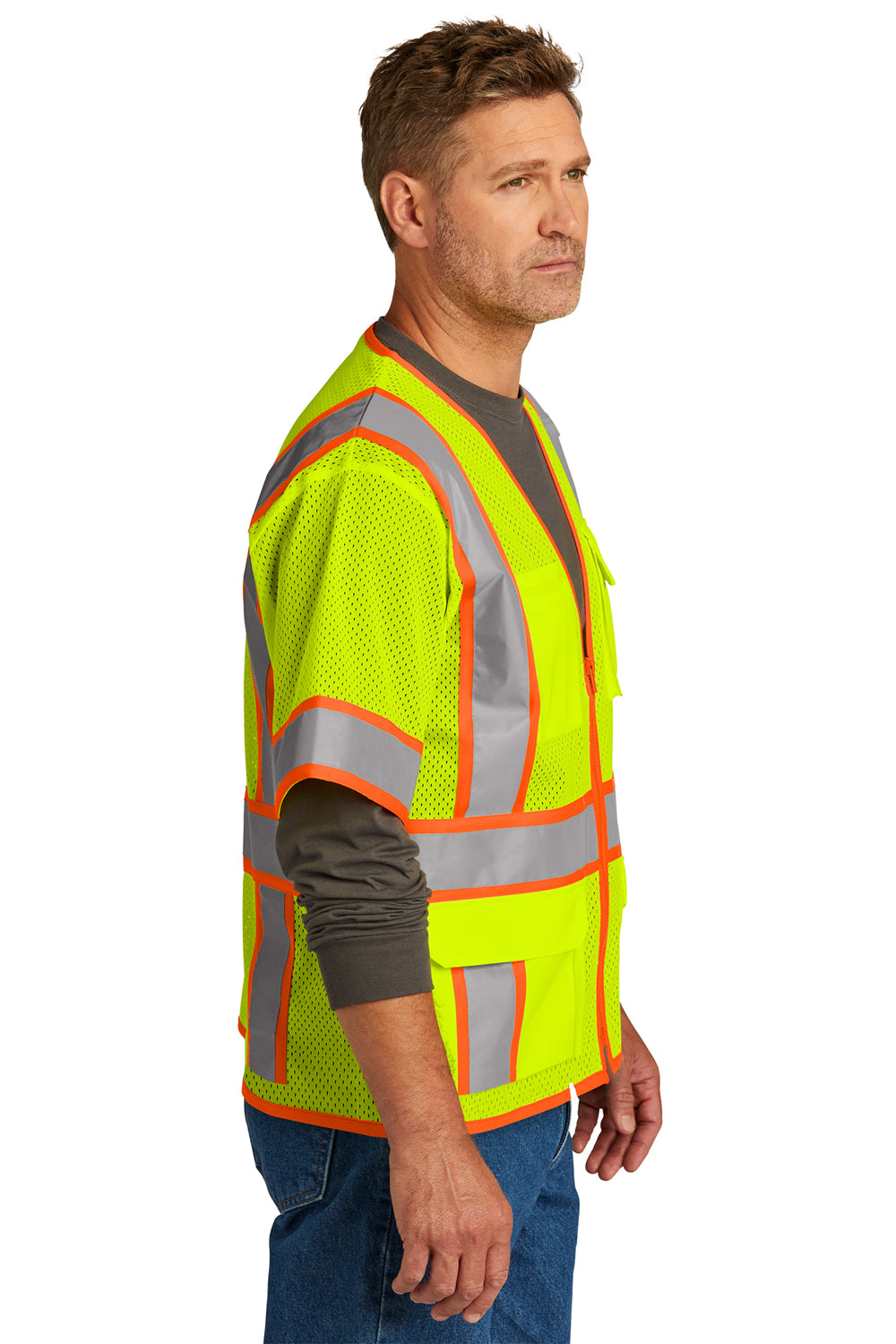 CornerStone CSV106 Mens ANSI 107 Class 3 Surveyor Mesh Zipper Vest w/ Pocket Safety Yellow Model Side